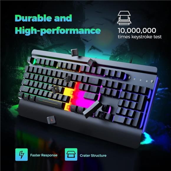 Gaming Keyboard, 104 Keys All-Metal Panel, Rainbow LED Backlit Quiet Keyboard - Picture 5 of 6
